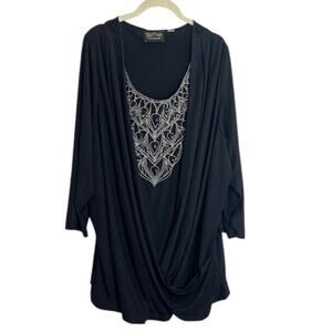 Bob Mackie Wearable Art Womens Tunic Top 3X Black Embellished Beaded Drape Front